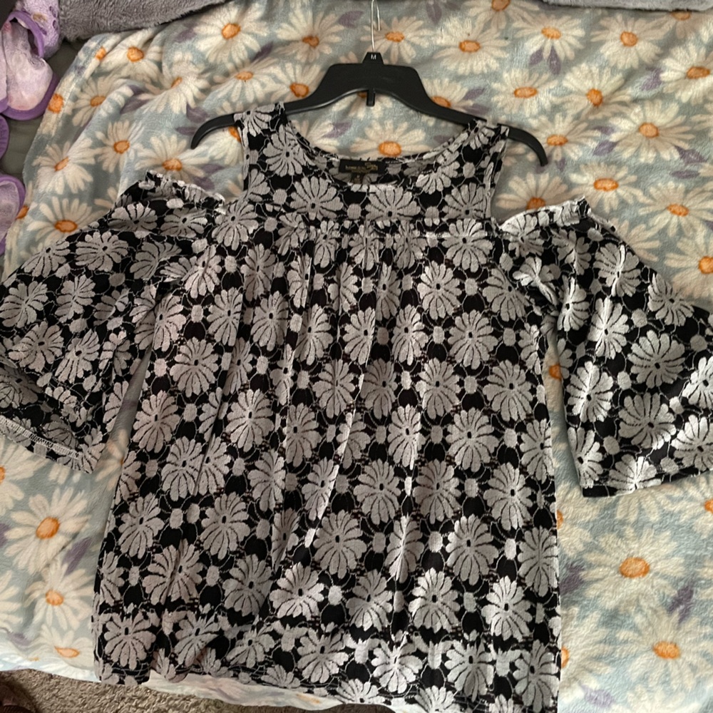 Suzanne Betro, shirt, cold shoulders, and lined black and gray blouse